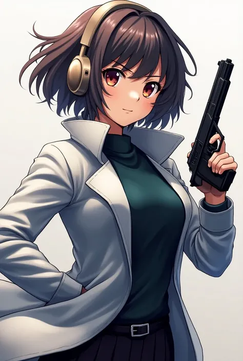 Create a girl with short, straight hair and helmet headphones,  holding a gun with her right hand which is on her back,  do it as if it were an anime cover , Make the pose interesting ,  make it come out full body   