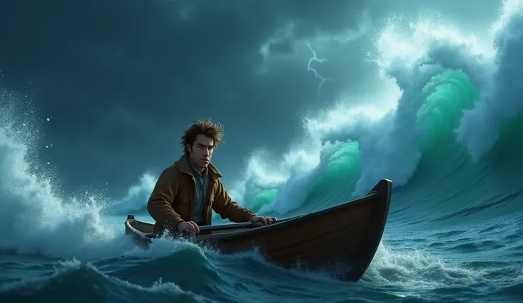 high definition image, estilo disney pixar. Scene of a rough sea ,  a small boat drifting in gigantic waves .  The dark sky with lightning briefly illuminating the scene ,  firmly showing a 30-year-old with brown hair ruffled by the wind, Eyes full of dete...