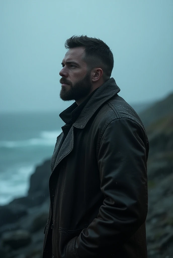 thoughtful man, raining, blue atmosphere, coat, of coast.