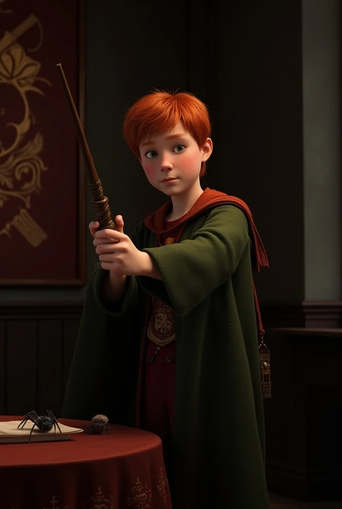 Ron is standing with his magic wand in his hand and a determined expression .  He is wearing his Gryffindor robe and has a little spider magic on a table next to him.