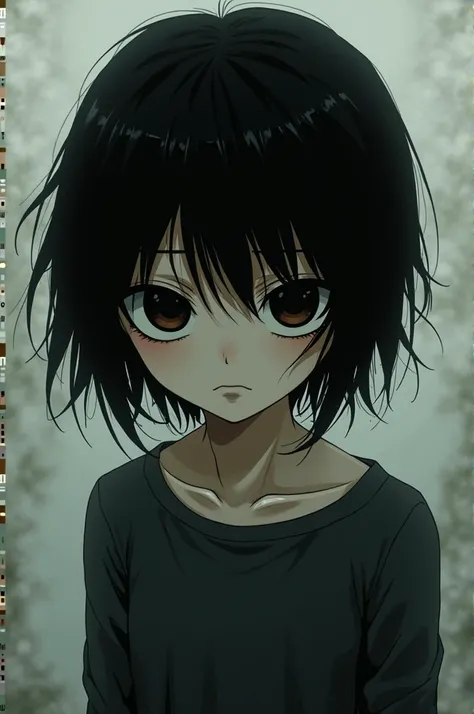 Based on the artist Junji Ito and his works , I want you to play my character who has messy black hair and clothes like L in Death Note,and dark circles 