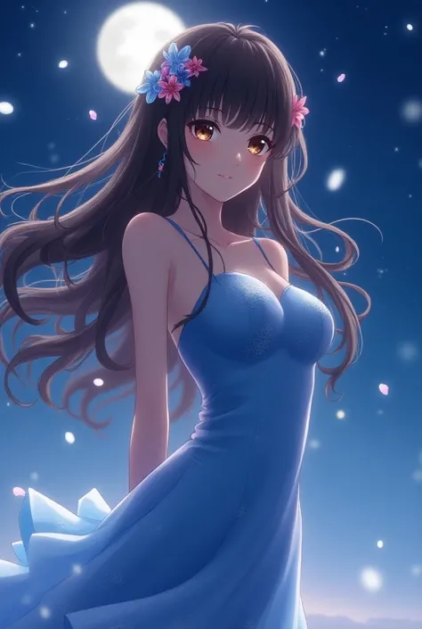 A beautiful anime girl with long, wavy brown hair and brown eyes stands under the starry night sky. She wears a shimmering blue dress that highlights her curvy figure, including her ample chest, and delicate flowers are woven into her hair. She gazes forwa...