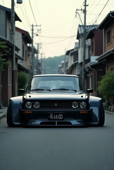 cinematic shot . peugeot 504 diesel  with widebody kit and aggressive stance parked in Kanazawa, Japan