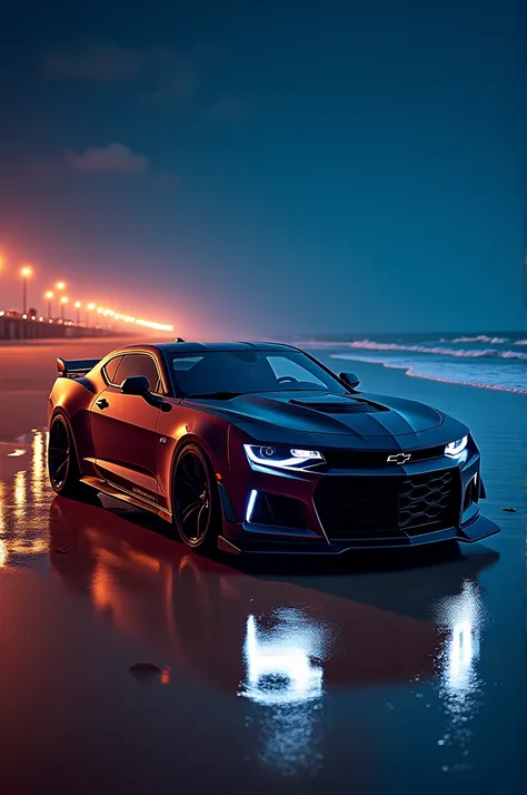 Camaro on a beach with bright lights 