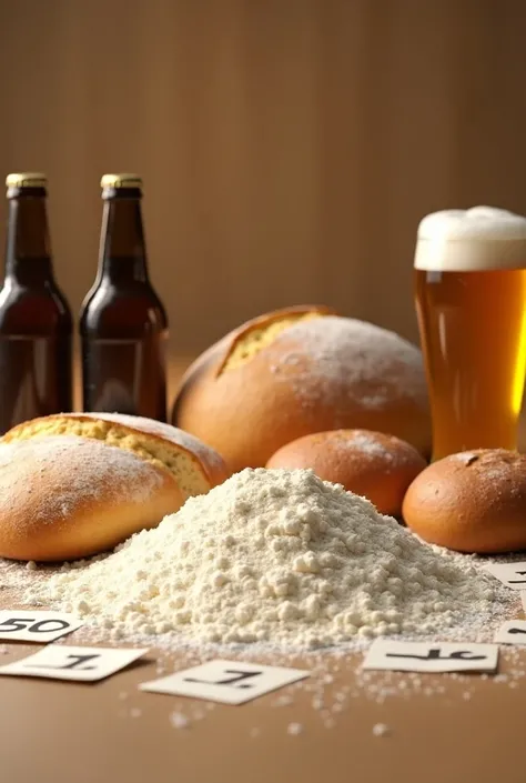 A raffle-like image with 100 numbers and a lump of flour, bread and a case of beer. 