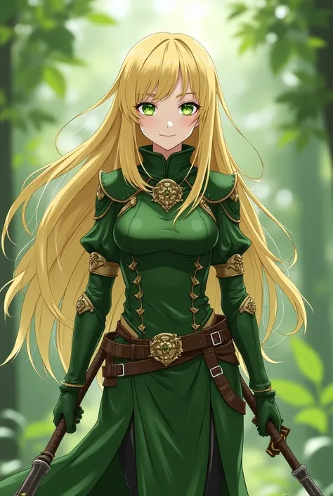  anime style, fantasy god , very beautiful female character .  with white skin ,  blond hair and green eyes ,  representative of living nature ,  like plants and animals . It represents the flora and fauna of the world, the clothing is an armor in shades o...