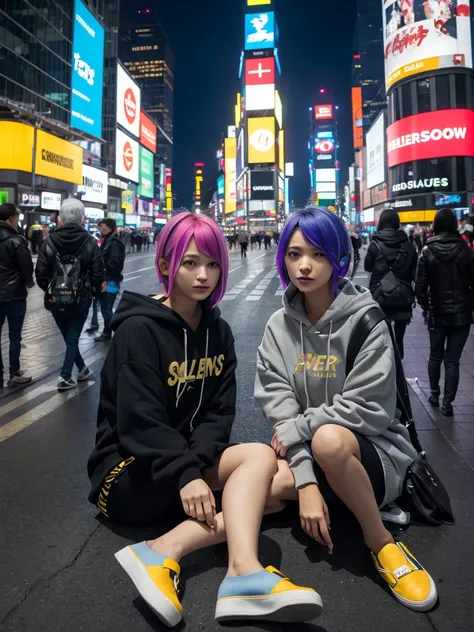 (In 8K、RAW photo、highest quality、masterpiece:1.2)、(realistic、Photoreal:1.37)、super detailed、超A high resolution、1 girl、solo、rainbow hair、hoodie、espadrilles、straight hair、headphones、length、(Center of the intersection)、(sitting on the ground)、night、neon、Times...