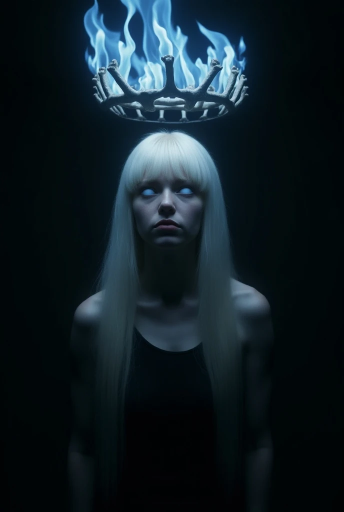 Adult Blind girl with white eyes no pupils long white hair with bangs looking at the screen standing front direction with a serious look Fire outline no smile other persons blue ghost hands holding a crown of bones above her head
Black background Eyes up 
...