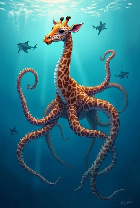 Giraffe mixed with an octopus, at sea, with sharks