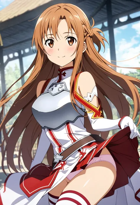 (anime colored),masterpiece, best quality, very aesthetic, absurdres, 1girl, mature_lady,upper body,looking up,,asuna_(sao), sword_art_online, brown_eyes, brown_hair, long_hair, very_long_hair, braid, french_braid,armor, armored_dress, breastplate, white_a...