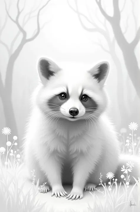 Beautiful realistic white raccoon drawn in pencil with a defined and thin outline painted all white, in a beautiful and lush forest painted all white with the entire outline very defined with fine lines painted white. realistic 