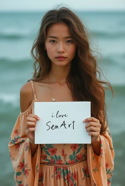  Beautiful girl with long wavy hair, bohemian dress,  holding a white board with the text " I Love Seaart Infinity "  and showing it to the spectator