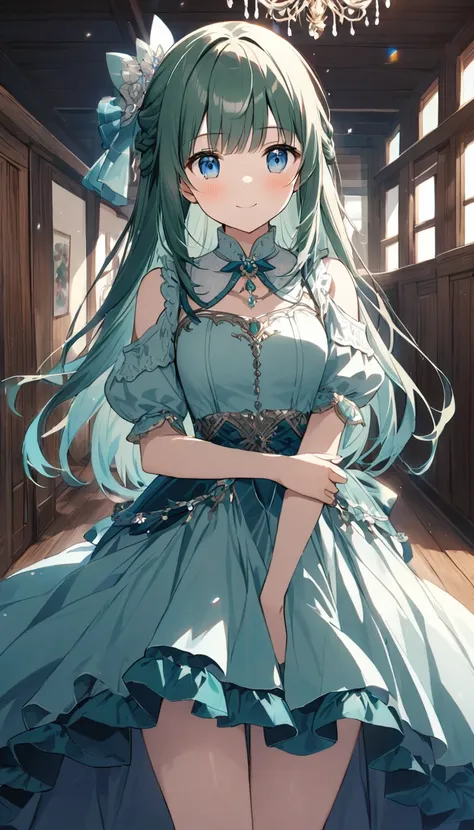  girl、White Toso 、Led,Long Hair、Beautiful Hair、long hair、Partial braids、 he stares at me with a strange expression.cute、 blue eyes 、outside、 Shy Facing 、 fantasy luxurious dress pale color、village、Wooden House、Hair color emerald green 、 girl、 has a nice sm...