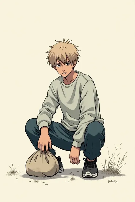 Create a young man of 18 , somewhat tall ,  sweatshirt with a slim physique, with short hair,  a sack , and a .  who is in a squatting pose ,  give him a manga cover style, that is in front 