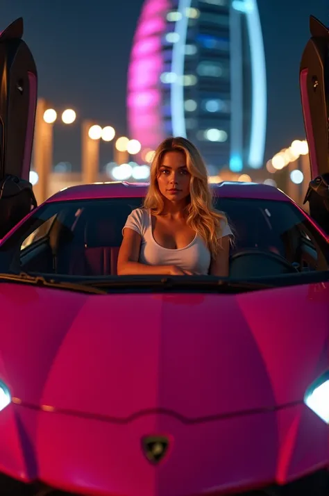 Crée une image ultra-réaliste dune jeune femme blonde, belle et séduisante, âgée de 23 ans, assise à lintérieur dune Lamborghini Aventador rose, avec en arrière-plan le Burj Al Arab éclairé la nuit. Elle porte un petit short et un t-shirt, adoptant un styl...