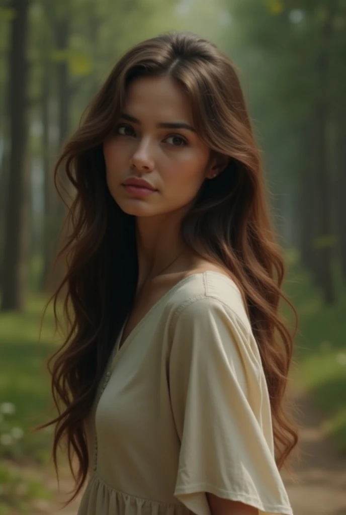 Beautiful woman with long brown hair walking away from her sad boyfriend looking back