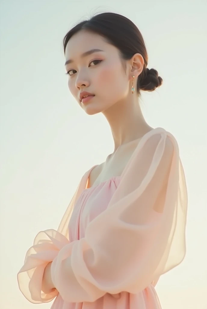  fair-skinned woman, modern, with a light background, dressed in pastel colors