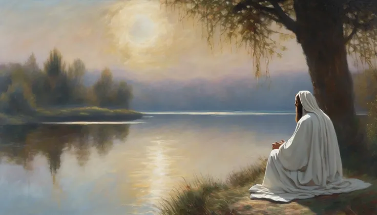 "Jesus seen from behind, Jesus sitting, Jesus wearing a white robe, landscape painting, illuminated lake, border between day and night, sunlight, feeling of safety, rendering, Monet painting style, masterpiece, oil, small details, intricate details, shadow...