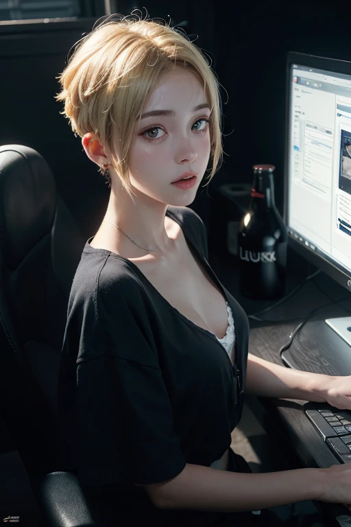 20 year old female, Blonde, (High top fade:1.3), dark theme, Calming tone,  dark color ,  high contrast , ( natural skin texture,   hyperrealism ,  soft light, sharp),  Linux bsp developer , 3 monitors ,chest c cup, Cuteness,  developing ,Staring at the mo...