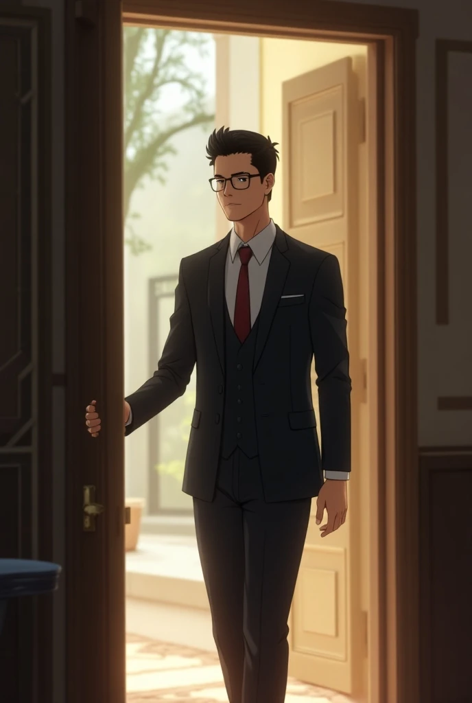 Young man in formal attire , Without Beard,  black hair ,  glasses opening the front door as he enters ( semirealistic animated art )