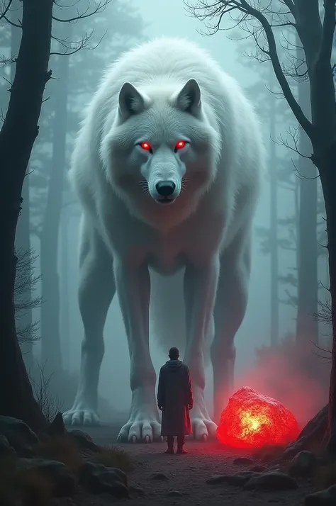 Man turns into a giant red-eyed white wolf and a red rock shines brightly next to him in a foggy forest 