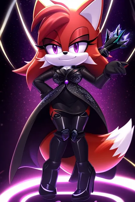 Digital Art, HD, High Detail, High Quality, female bright red fox mobian, black crystals that are sparking all over her body, red sclea, purple eyes, dark purple lab coat, black shirt, black dress, standing in a void surrounded by green energy, cocky smirk