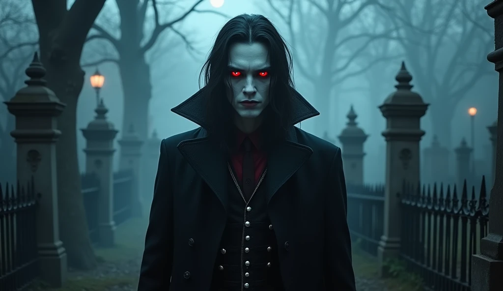 A hyper-realistic, cinematic portrait of a male vampire standing in a dark, mist-shrouded cemetery at night. The vampire has sharp, chiseled features, with pale, flawless skin that almost glows in the moonlight. His piercing red eyes contrast starkly again...