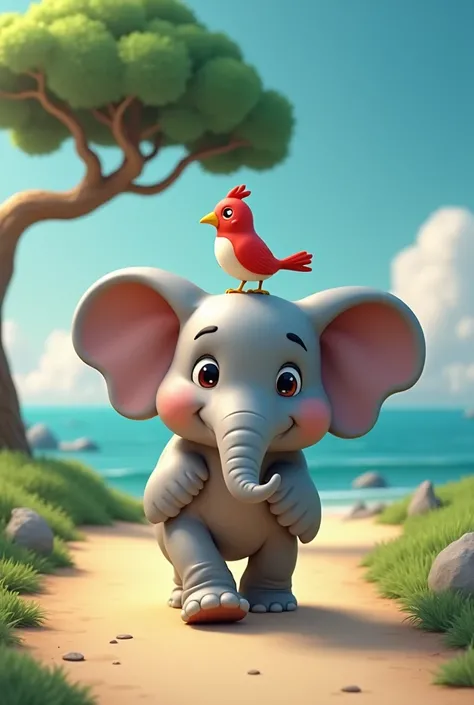 3D cartoon figure resembling the back of an animal with big ears, such as an elephant, walking towards the sea in front, and on its head there is a red bird. Far-off shot, the background has a road and a big tree beside it, and the sea is visible in the di...