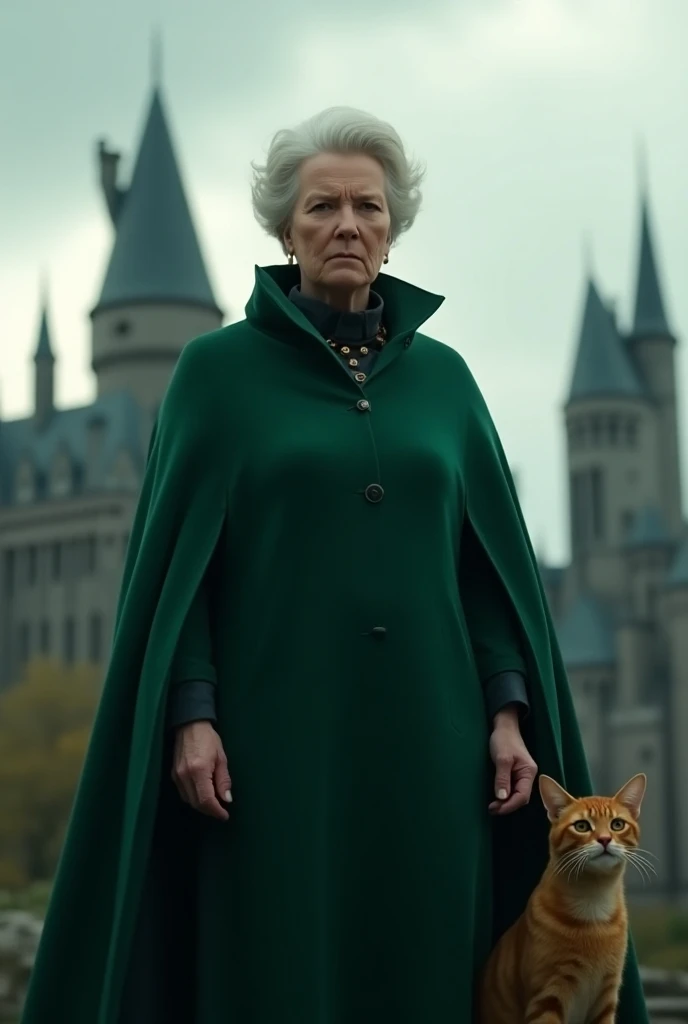  McGonagall standing in her robe with a stern look and a cat at her side; In the background you can see the Hogwarts background .