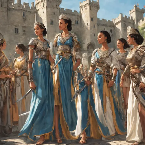 a photo of two military princesses. Amazon warriors, Zenobia military half-sisters. wearing classy lightweight tropical robes, flowing long blue and silver robes with jewelled belts, classical antiquity robes with a modern update. armed princesses carrying...