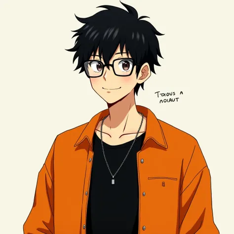  High resolution,  masterpiece , necessary,  Anatomically correct,  The best quality,  lyrics,  short hair,  black hair ,  messy hair , reading glasses, asian features, young man, wearing black shirt with orange jacket, slightly chubby, confident smile,  f...