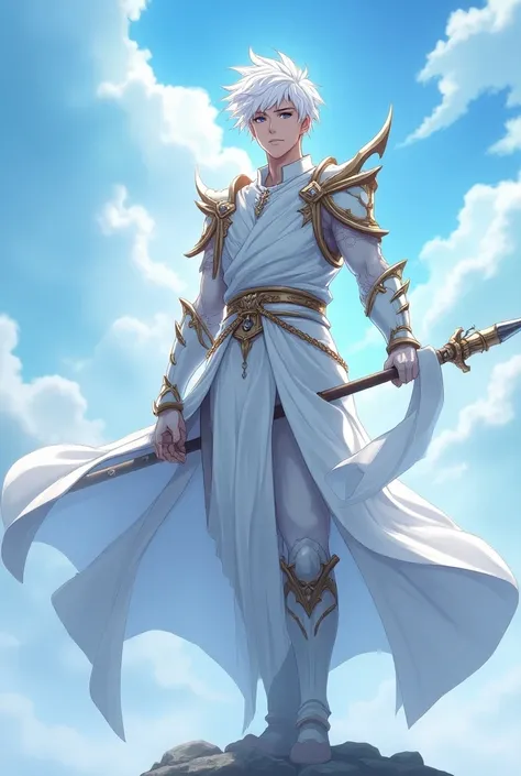 fantasy god .  mens,  white hair and blue eyes ,  athletic build but thin ,  and his white armor clothing ,  his weapon is a spear and represents the sky, Therefore the air ,  the weather and the storms .  anime style