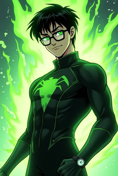  Make images for me: Spiderverse comics panel. Man with short straight hair , Green eyes with glasses wearing a black uniform with a half smile and with the power of a green aura with watch details 