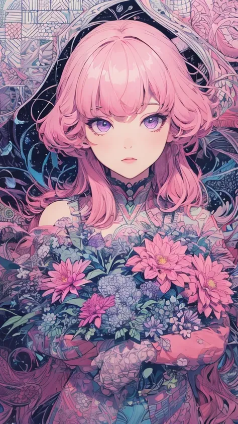 (ultra- detailed background ,  detailed background ),  absurd,  high resolution on down, Super detailed,  extremely detailed,  1 girl, Yae Miko,  Pink Hair,  purple eyes, (bouquet:1.3), (Zentangle:1.2), (Geometric:1.2),(colorful),