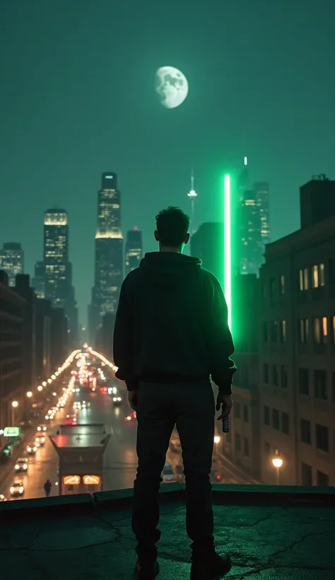  A 50s-style cinematic photo from Panavision 70 mm of New York City at night ,  taken from a tall building overlooking the New York skyline ,  lots of street lights and neon lights in the small streets and there is a clear sky with only a few clouds , (  I...