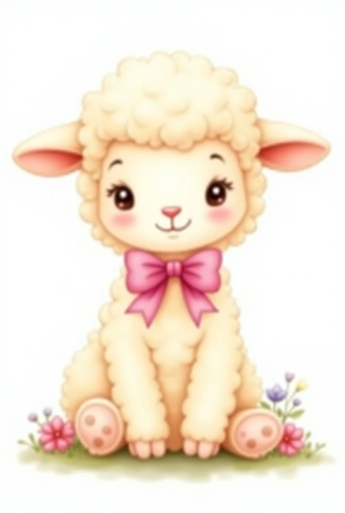  Create a Disney style watercolor illustration of a beige sheep , with a pink bow,  sitting with its front paws in the center and both back legs open. White background with some flowers on the floor in the same tone as the bow . 