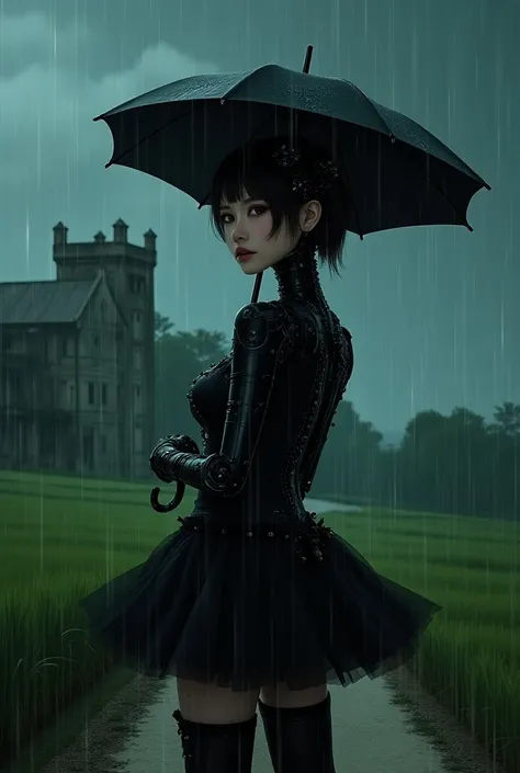 An illustrated poster of the film, beautiful robot girl, robot body, wearing a short goth black dress, holding an umbrella, night, heavy rain, half profile, looking at viewer over shoulder, rice field, dirt road, old castle