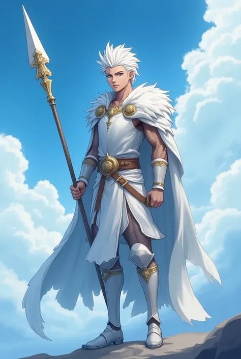 fantasy god . Tall male and manly ,  white hair and blue eyes ,  athletic build but thin ,  and his white armor clothing ,  his weapon is a spear and represents the sky, Therefore the air ,  the weather and the storms .  3d anime style 