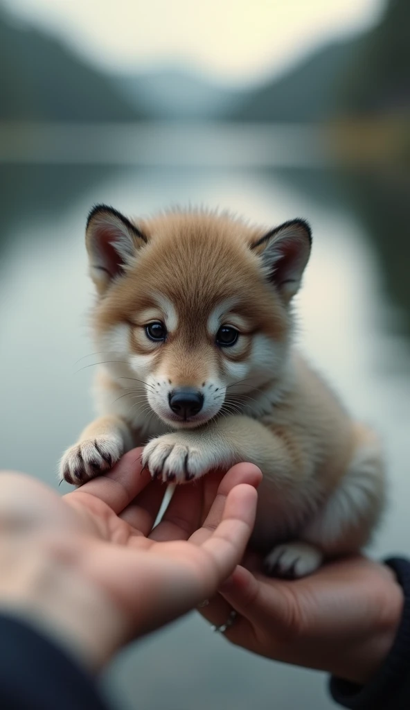 "A hyper-realistic image of a tiny wolf pup sitting gently on a human finger, its fluffy fur and curious expression adding charm. Behind it, a blurred lake scene creates a serene atmosphere."