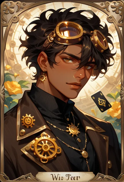 tarot card, golden goggles, man wirh brown skin and dark hair. steampunk black shirt.