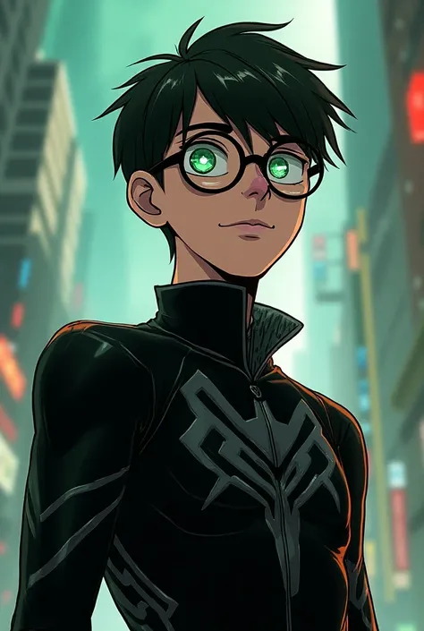  Make images for me: Spiderverse comics panel. Man with short straight hair , Green eyes from glasses wearing black uniform with time control power with details of clock hands in their eyes 