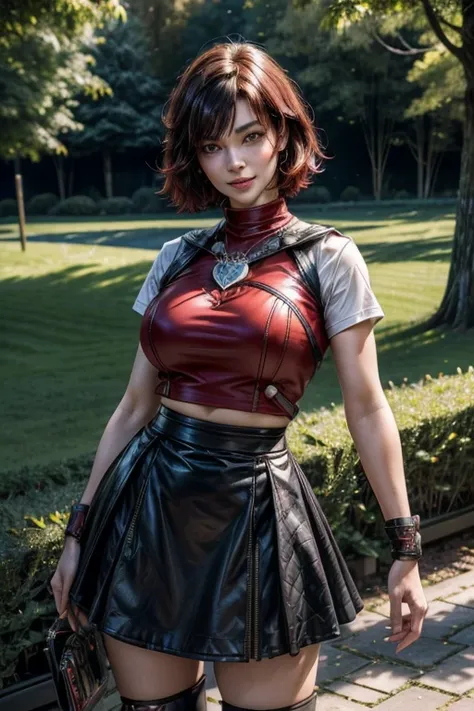 srwby, short hair, black hair, red hair, t-shirt, skirt, boots, gradient hair, grey eyes, indoors, standing outside, smiling, (cowboy shot), dynamic pose, standing outside, palace gardens, hedge maze, fir trees, crowd, intricate details, tonemapping, sharp...