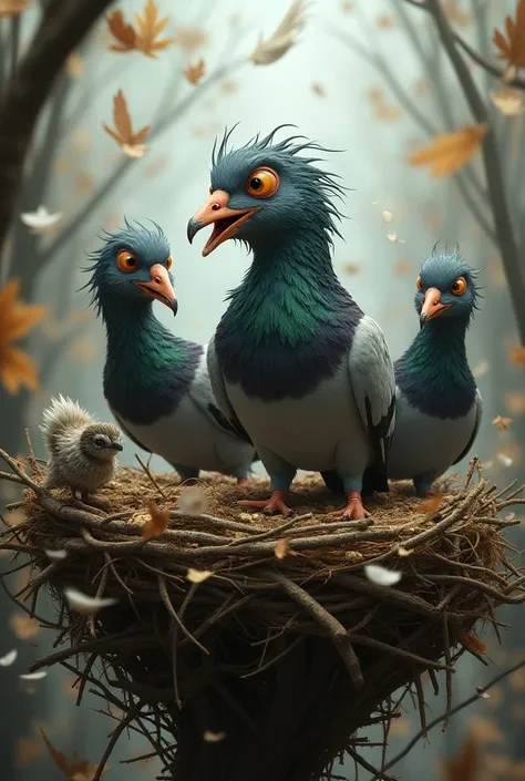 Make me a crazy pigeon very messy in its nest which is very messy and with its parents and wife