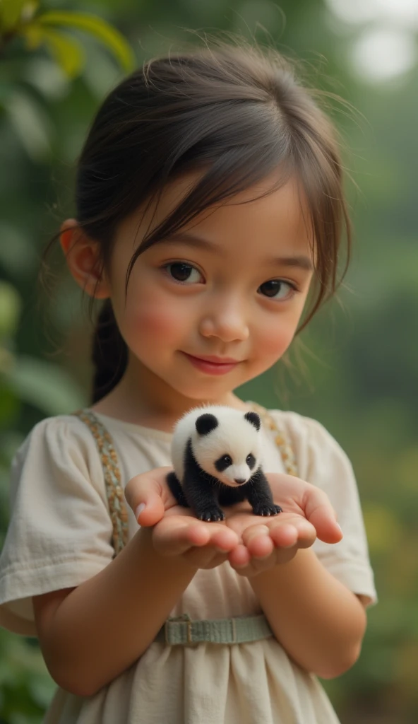 Girl of approximately 7 years old holding a super small panda bear in the palm of her hand 