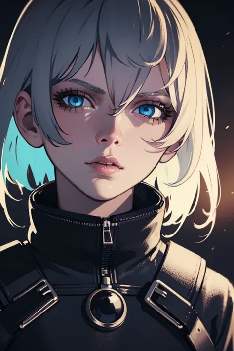 1girl, short white hair, blue eyes, beautiful detailed eyes, beautiful detailed lips, extremely detailed face, black mechanic jumpsuit, cyberpunk, futuristic, sci-fi, simple background, (best quality,4k,8k,highres,masterpiece:1.2),ultra-detailed,(realistic...