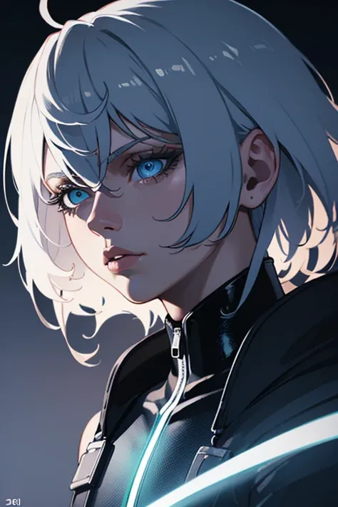 1girl, short white hair, blue eyes, beautiful detailed eyes, beautiful detailed lips, extremely detailed face, black mechanic jumpsuit, cyberpunk, futuristic, sci-fi, simple background, (best quality,4k,8k,highres,masterpiece:1.2),ultra-detailed,(realistic...