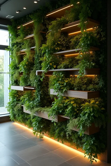 I would like a shelf on a wall completely covered by foliage, but this tall shelf goes from one side to the other with LED underneath.