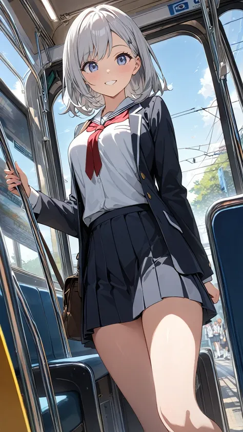  1 girl, solo,  Hi-Res, chest, smile,  shortcuts,  Silver Hair, Hi-Res, masterpiece,  shortcuts, Aperture F1.2,Fair skin,anime, slender, good style,young, inside the tram, high school students,uniform,morning, angle from below ,underwear