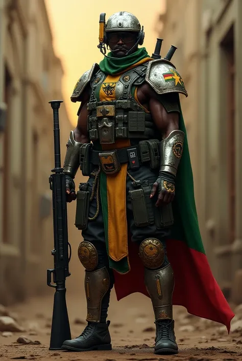 Represent an artistic and unique peacekeeper with multiple different weapons and armor in the most typical characteristics, Features , Wappen, Badge and the associated color scheme of the nation Ghana , typical features and color for the country, masterpie...