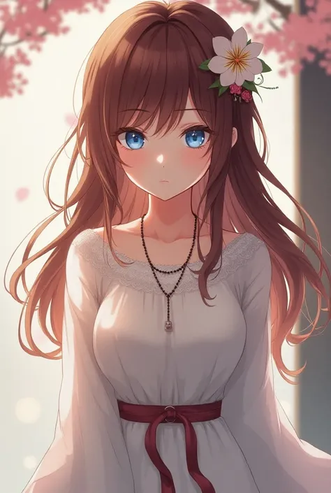 Women, long hair ,, blue eye color , medium breasts, Brown Hair ,  Hair flower,  animated, ntr ,Long shirt,